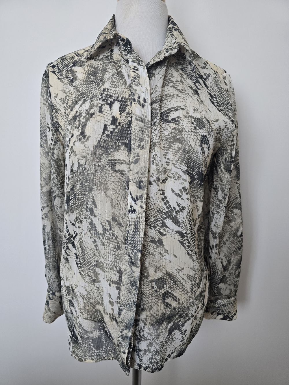 Zara Snake Print Blouse with Metallic Thread Beige And Green Size S